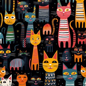May include: A colorful, whimsical pattern featuring a variety of cats with different stripes, patterns, and colors on a black background. The cats are all stylized and have large eyes and smiling expressions.