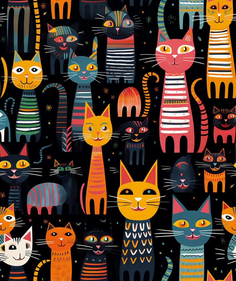 May include: A colorful, whimsical pattern featuring a variety of cats with different stripes, patterns, and colors on a black background. The cats are all stylized and have large eyes and smiling expressions.