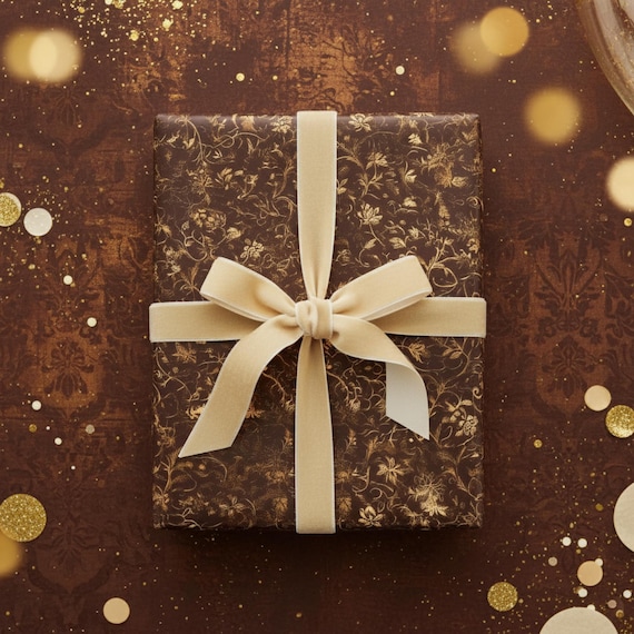 Dark Brown Gold Floral Wrapping Paper: Elegant Moody Gift Wrap