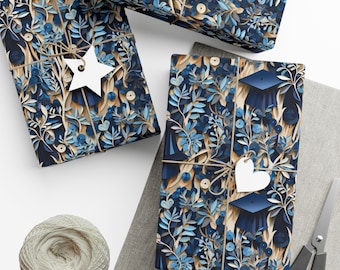 Graduation Cap Wrapping Paper Blue Celebration Floral Gift Wrap High School Graduation Gift Wrap Paper Blue and White Wrapping Paper College