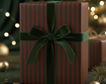 Vintage Burgundy Christmas Wrapping Paper Green Stripe Holiday Gift Wrap Roll