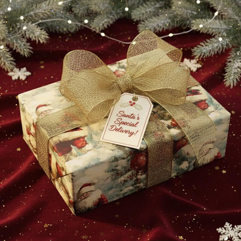 May include: A wrapped gift box with a gold bow and ribbon. The wrapping paper features a winter scene with Santa Claus. A tag reads "Santa's Special Delivery!" The gift is on a red velvet surface.