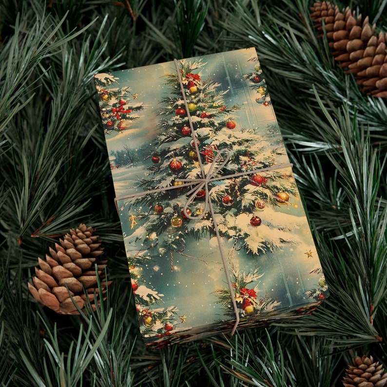 Vintage Christmas Wrapping Paper: Festive Tree, Snowy Scene (Holiday Wrap) image 2