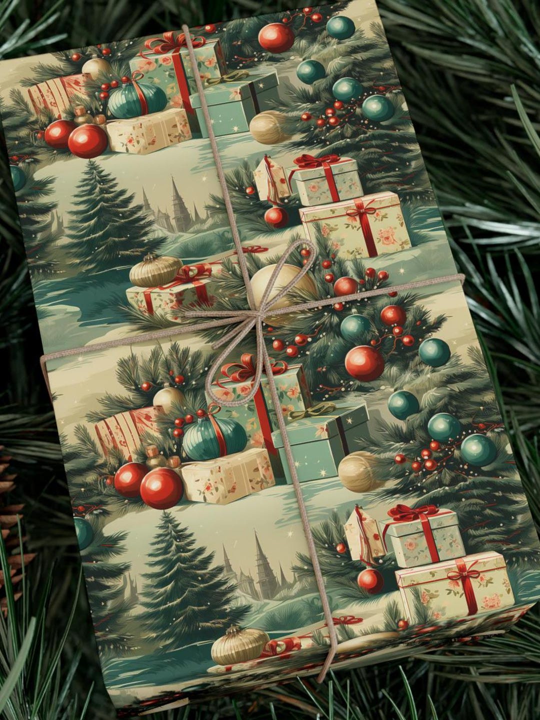 Vintage Christmas Wrapping Paper Holiday Gift Wrap 1940s Retro Pine ...