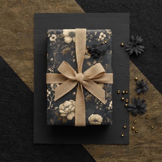 Charcoal Antique Gold Floral Wrapping Paper: Vintage Elegant Gift Wrap