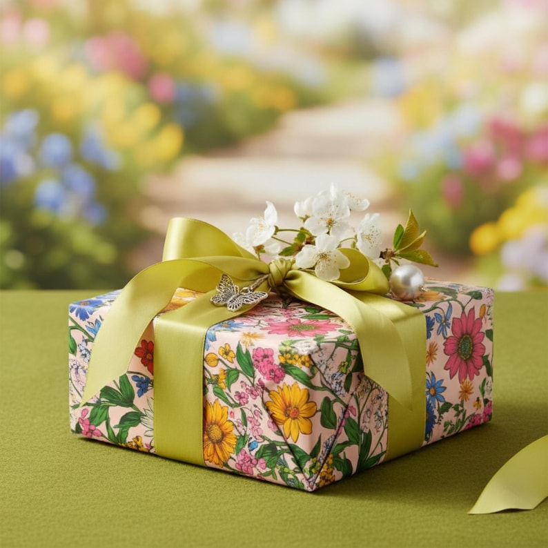 Cadeaupapier bloemen: roze wilde bloemenprint - lentefeestpapier afbeelding 2