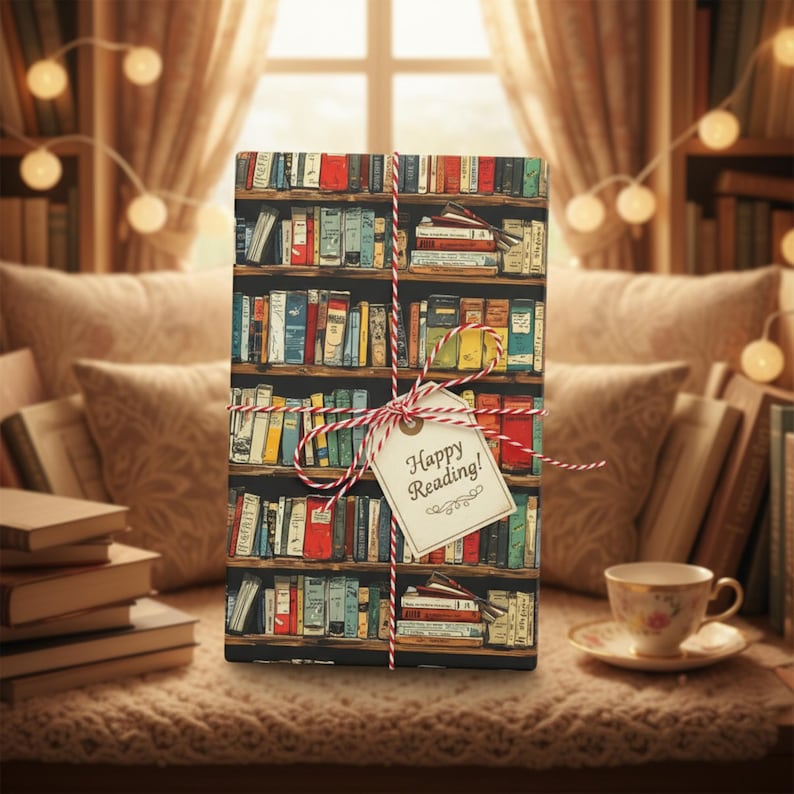 Literary Book Wrapping Paper: Colorful Book Spine Design, Vintage Library Gift Wrap image 3