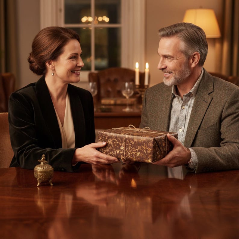 May include: A wrapped gift box with a brown floral design is being exchanged between two people. The box is tied with twine. The scene takes place indoors, with a dark wooden table and soft lighting.
