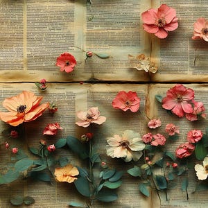 Dried Flowers Wrapping Paper Book Lover Gift Wrap Floral Wrapping Paper Vintage Gift Wrap Pink Flower Newspaper Gift Wrap Floral Paper Roll
