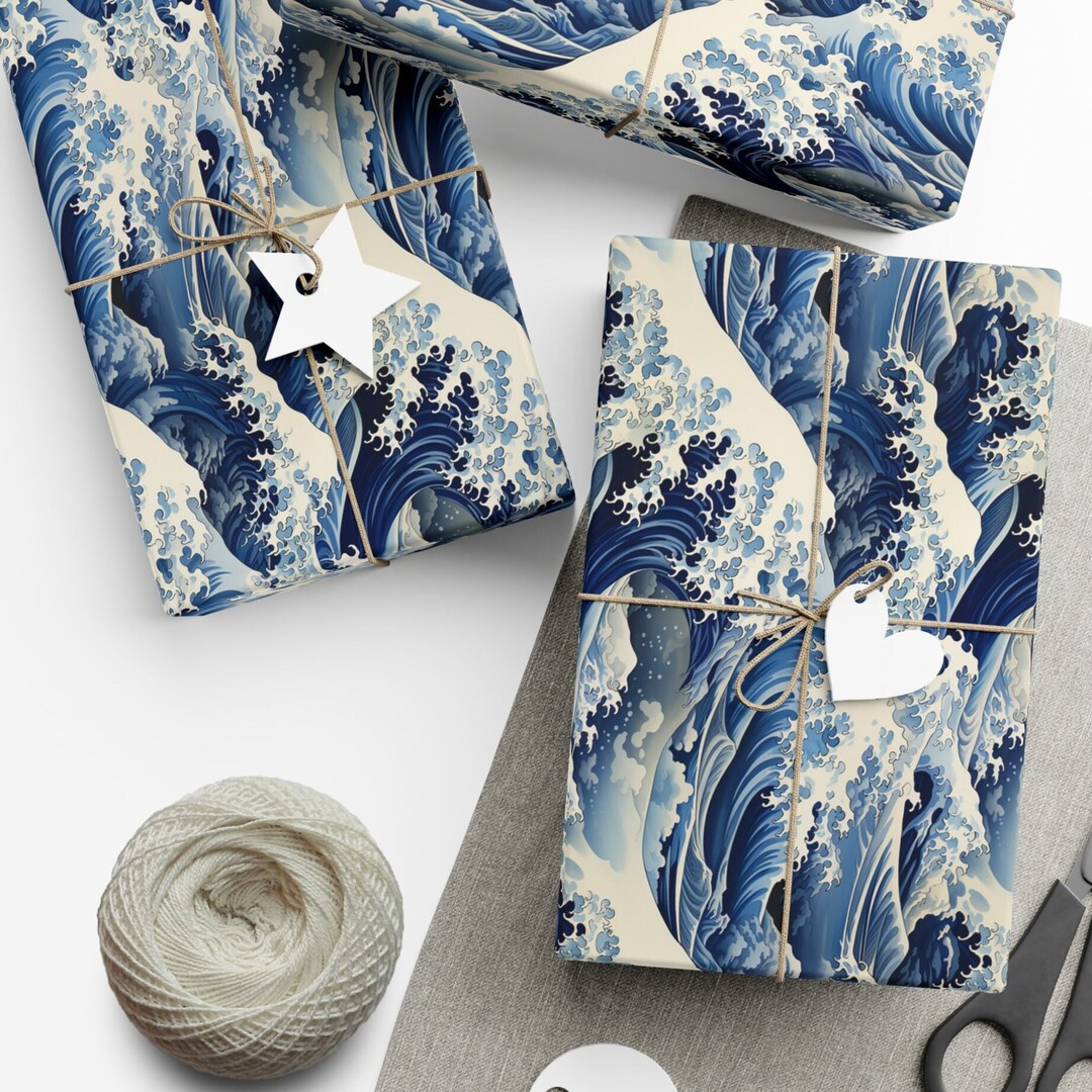 Ocean Wrapped Box Ocean Gift Wrap Great Wave Wrapping Paper Blue Waves Gift Wrapping ...