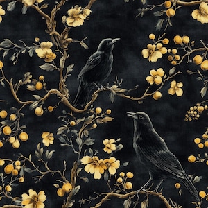 Black Raven Wrapping Paper Crow Floral Wrapping Paper Black Gift Wrap Antique Style Paper Yellow Flower Bird Gift Wrap Floral Wrap Dark