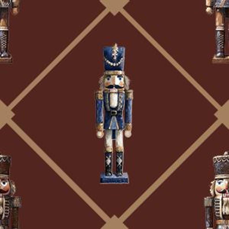 Brown nutcracker-themed Christmas wrapping paper, vintage style, ideal for gift wrapping.