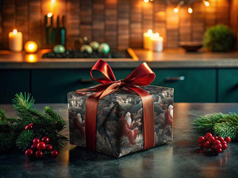 May include: A wrapped gift box with a red ribbon and a festive design. The box is sitting on a dark surface with a sprig of greenery and red berries.
