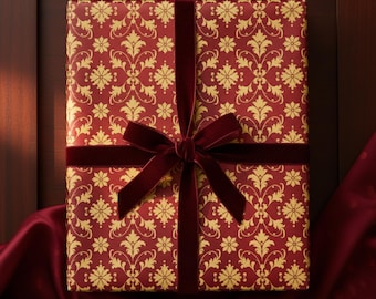 Damask Christmas Wrapping Paper, Red & Gold Elegant Baroque Pattern, Holiday Gift Wrap Roll