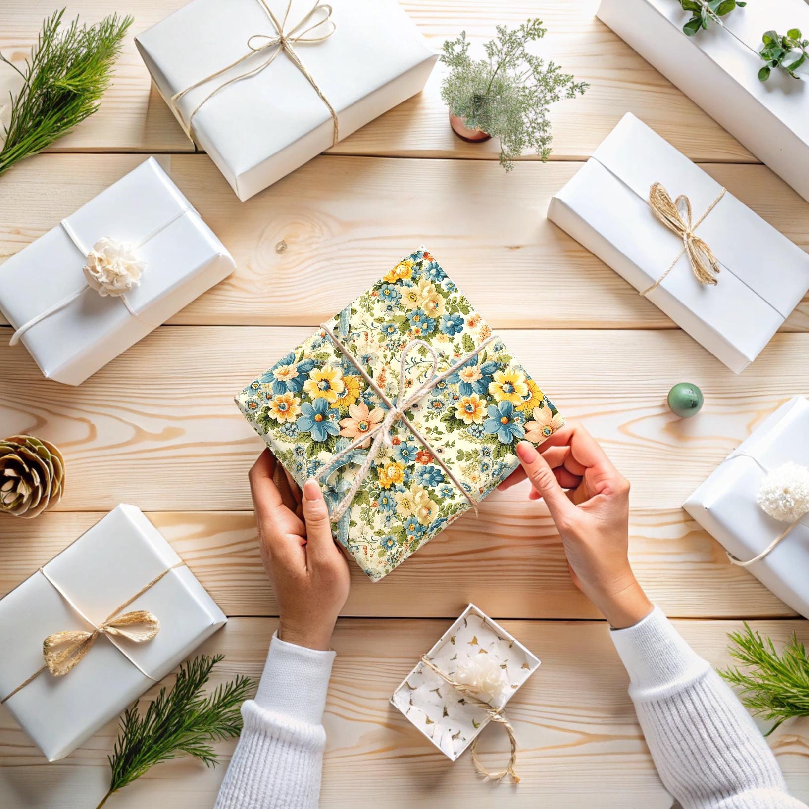 Blue Ribbon Floral Gift Wrap Beige Yellow Flowers Luxurious Paper Cheerful Wrapping Paper Floral Vintage Mothers Day Flower Gift Wedding