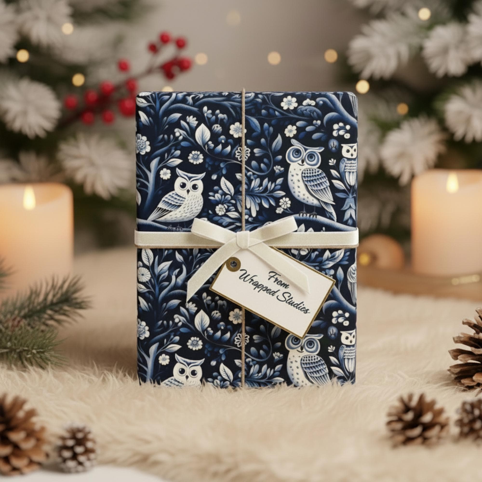 Navy Blue Woodland Owl Wrapping Paper, Winter Forest Botanical Gift Wrap