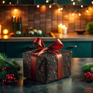 Puede incluir: Un regalo envuelto en papel festivo con estampado rojo y verde con un lazo de cinta rojo. El regalo est&aacute; sobre una superficie gris oscuro con una rama de vegetaci&oacute;n y bayas rojas a cada lado.