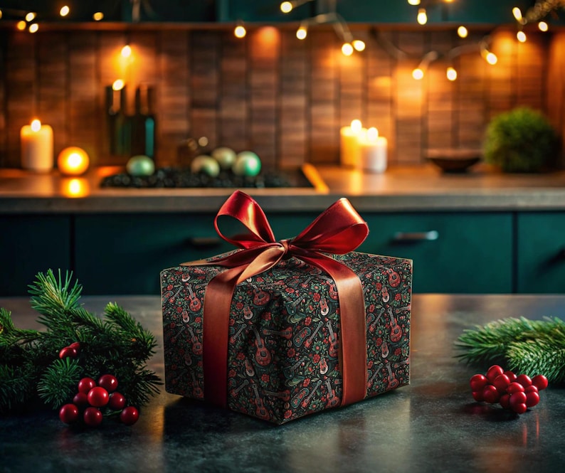 Puede incluir: Un regalo envuelto en papel festivo con estampado rojo y verde con un lazo de cinta rojo. El regalo est&aacute; sobre una superficie gris oscuro con una rama de vegetaci&oacute;n y bayas rojas a cada lado.