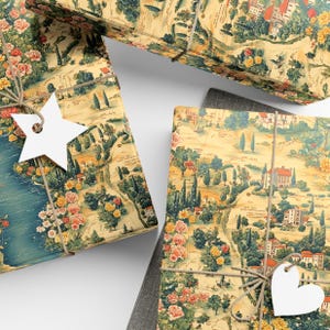 Papier cadeau vintage carte, Espagne, vieux monde, Espagne, jardin floral beige, papier rustique, motif campagne, rivière, rouleau de papier