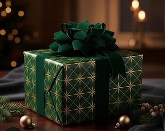 May include: A wrapped gift box with a dark green velvet bow and ribbon. The gift wrap is dark green with a gold starburst pattern. Two gold baubles and a sprig of greenery are on the table.