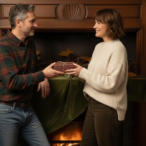 May include: A wrapped gift box with a brown and red patterned design is being exchanged between two people. The box is tied with twine. The scene takes place in front of a fireplace with a green velvet cloth.