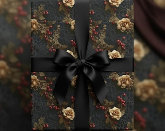 Papel de regalo navideño Vintage Gold Rose & Berry: Papel de regalo floral oscuro