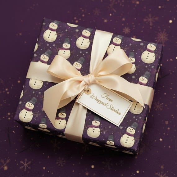 Dark Purple Snowman Christmas Wrapping Paper, Festive Winter Gift Wrap