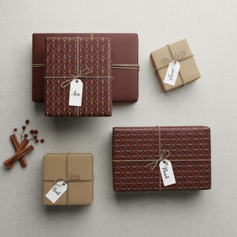 May include: An overhead shot of wrapped gifts in various sizes and colors. Some are wrapped in solid burgundy paper, while others feature a patterned design in burgundy, gold, and white. Each gift is tied with twine and a tag with a name.