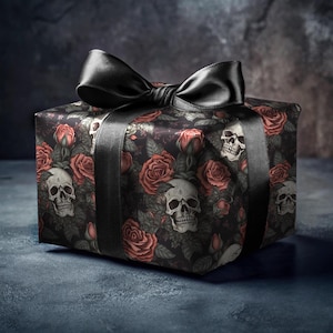 Black Skull and Roses Gift Wrapping Paper Intricate Design Macabre Skull and Colorful Roses Elegant Unique Gift Wrap Halloween Skeleton