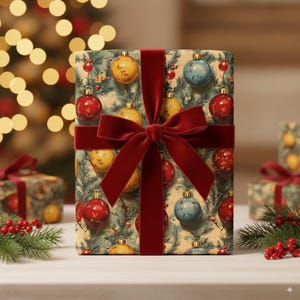 Vintage Christmas Wrapping Paper: 1940s Ornaments & Pine Boughs