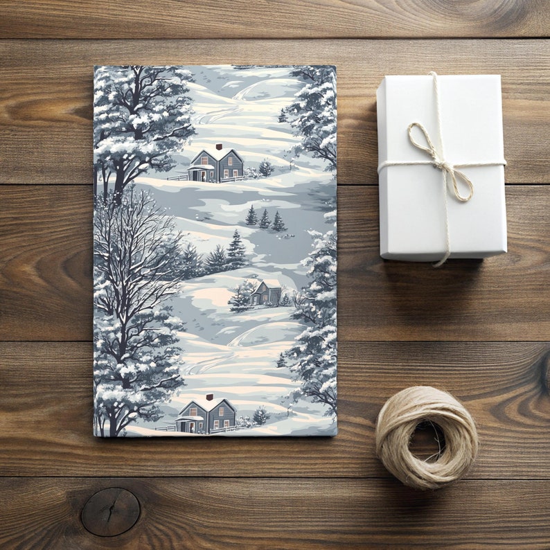 May include: A vintage wrapping paper design featuring a snowy winter scene with houses, trees, and winding paths. The paper is blue and white with a subtle pattern.