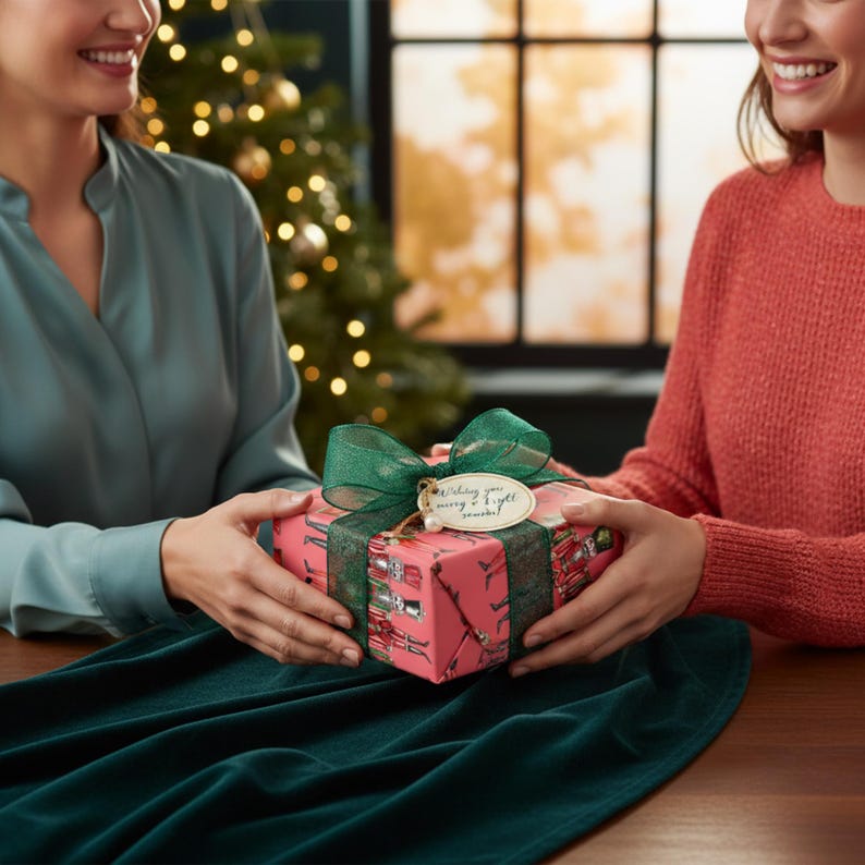 May include: A wrapped gift with a pink background and a pattern of red and silver objects. The gift is tied with a green ribbon and bow. A tag reads "Wishing you merry & bright moments!"