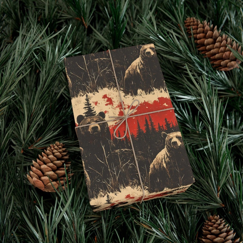 Rustic Brown Bear Wrapping Paper: Nature Forest Gift Wrap, Wilderness Camping Gift image 1