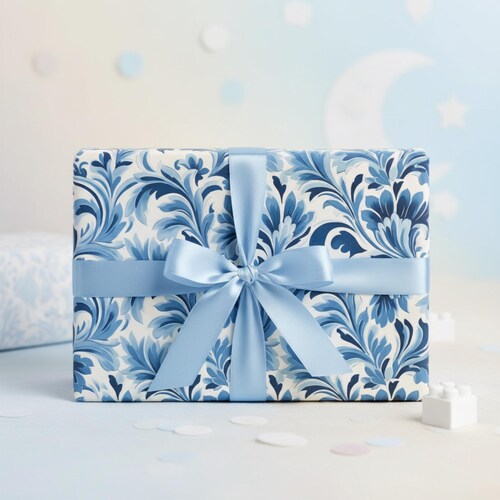 Chinoiserie Wrapping Paper: Elegant Botanical Gift Wrap, Blue Floral Vine