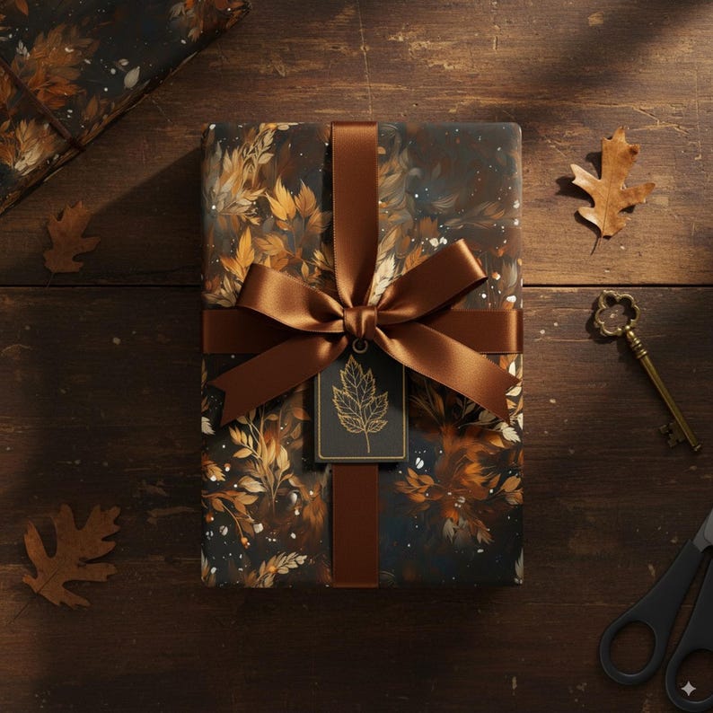 Inpakpapier herfstbladeren: donker bos herfstcadeaupapier afbeelding 1