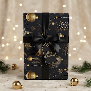 Gold Ornaments on Black Christmas Wrapping Paper: Luxury Holiday Gift Wrap image 3