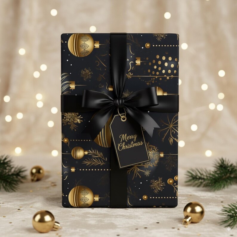 Gold Ornaments on Black Christmas Wrapping Paper: Luxury Holiday Gift Wrap image 3