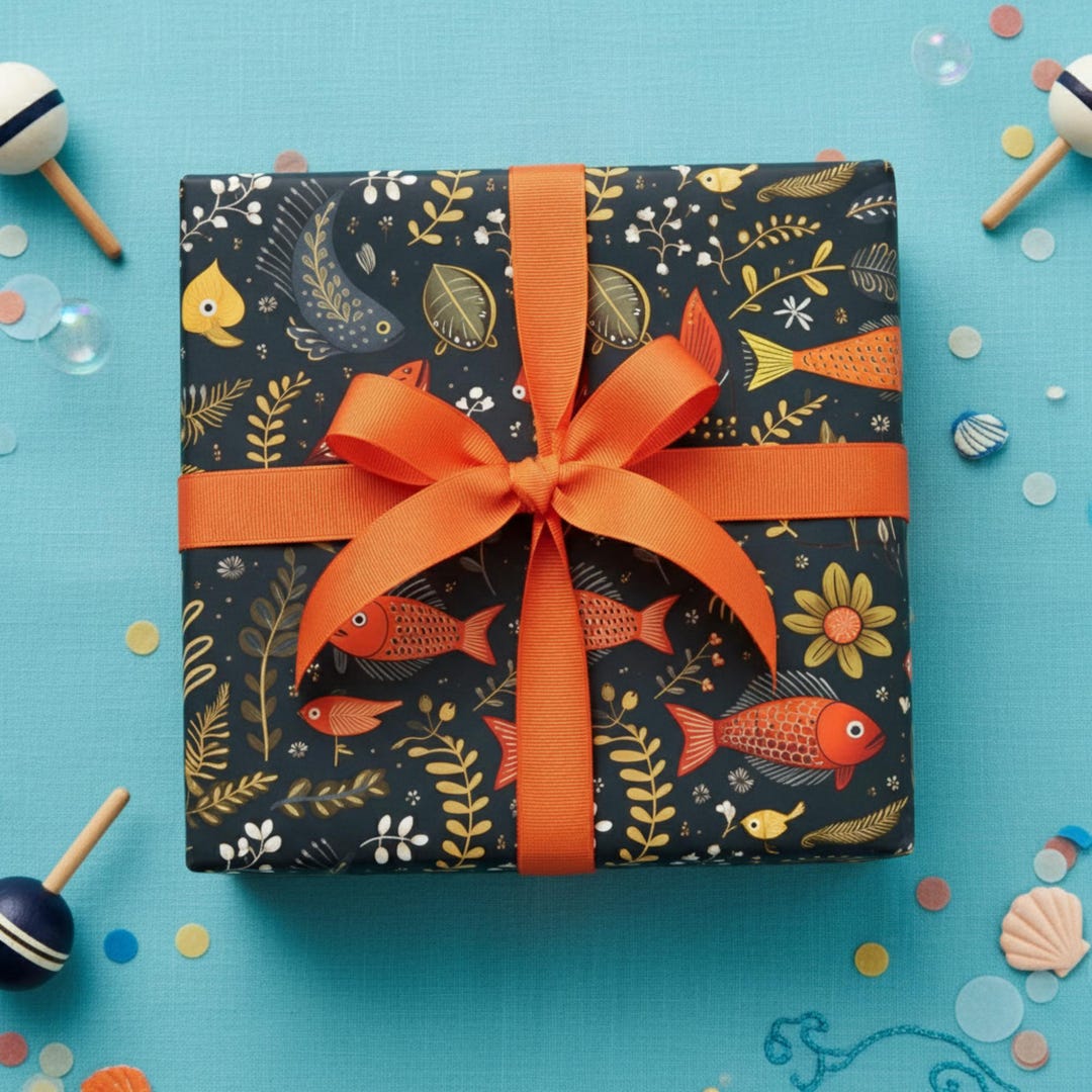 Fish Wrapping Around Dark Folk Art Fish Wrapping Paper: Golden Aquatic Nature Gift Wrap Roll ...