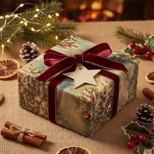 May include: A square gift box wrapped in paper featuring a vintage-style Christmas tree illustration, tied with a deep red velvet ribbon and topped with a plain, light-colored wooden star-shaped gift tag.