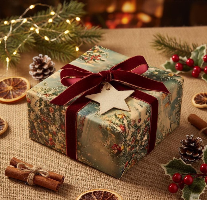 May include: A square gift box wrapped in paper featuring a vintage-style Christmas tree illustration, tied with a deep red velvet ribbon and topped with a plain, light-colored wooden star-shaped gift tag.