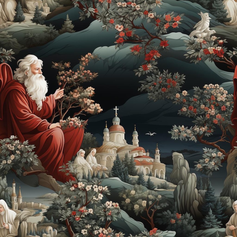 May include: A painting depicting a bearded man in a red robe, with a white beard, sitting on a rock and pointing to a tree with white flowers. In the background, there is a church with a cross on top, surrounded by trees and mountains.