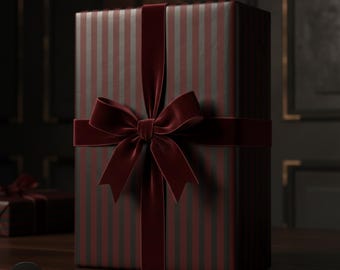 Burgundy & Black Christmas Wrapping Paper, Stylish Dark Holiday Stripe Gift Wrap Roll