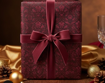 Elegant Damask Black Gift Wrap Burgundy Christmas Wrapping Paper Maroon Paper for Holidays