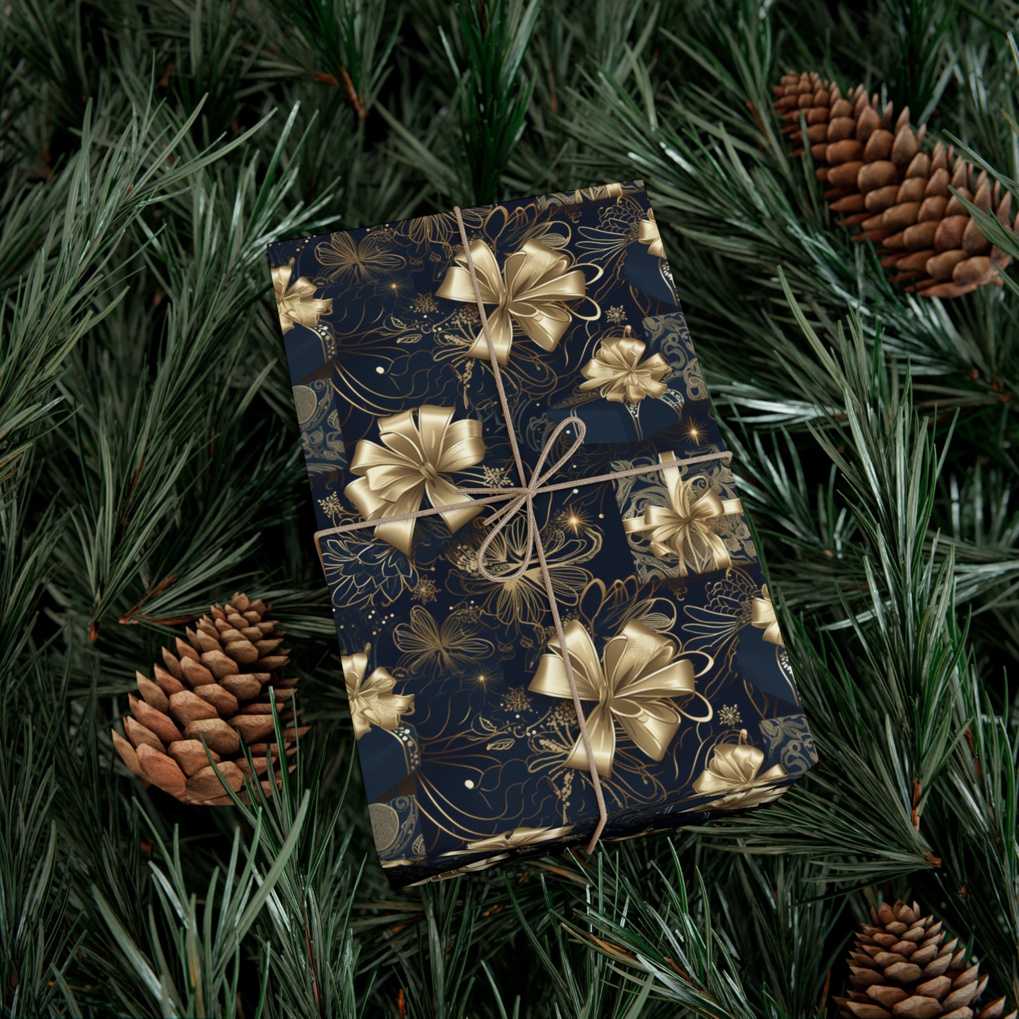 LDGOOAEL Mini Wrapping Paper Roll with Cut Lines on Back (17 x 120 per roll) - Navy Blue Gift Wrap with Gold Stag and Snowflake Design for Holiday, Birthday
