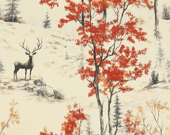 Autumn Forest Wrapping Paper Rustic Gift Wrap Fall Leaves Gift Wrap Deer Wildlife Paper Seasonal Nature Gift Wrap Roll Cream Foliage Orange
