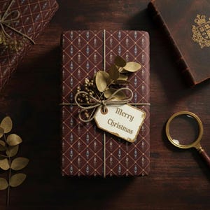 Puede incluir: Un regalo envuelto en papel estampado marrón y dorado, atado con hilo y adornado con follaje seco y una etiqueta que dice "Merry Christmas". También se ven una lupa y un libro.