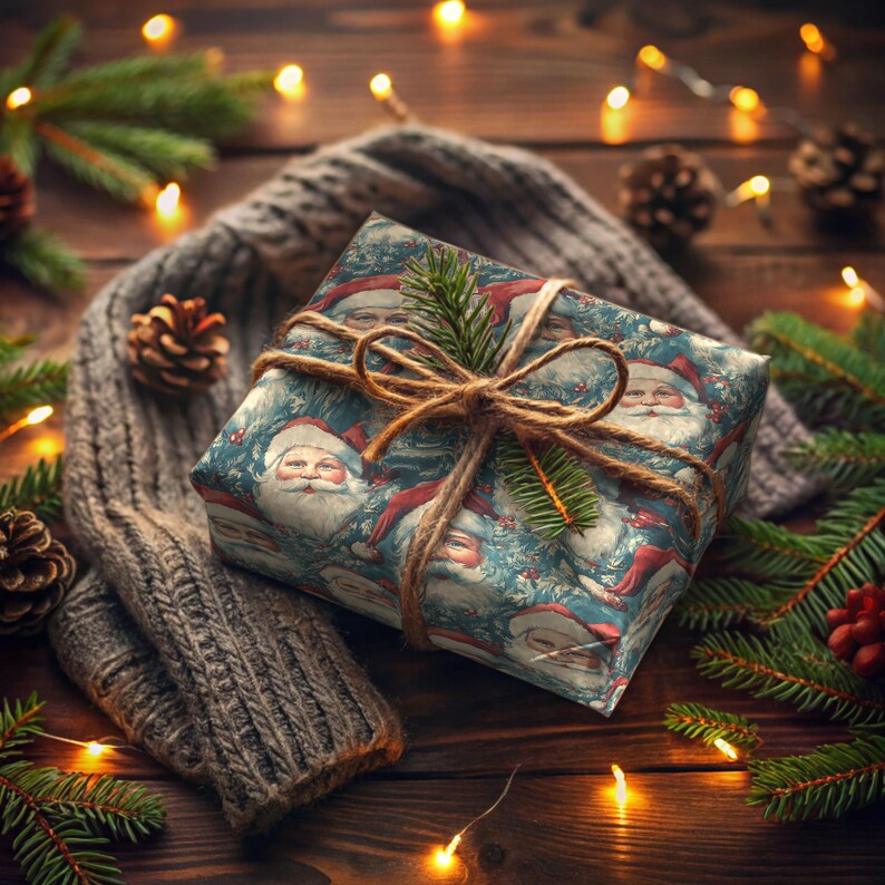 K&ouml;nnte beinhalten: Ein Weihnachtsgeschenk, verpackt in blaues Papier mit einem Vintage-Weihnachtsmann-Muster. Das Geschenk ist mit Schnur gebunden und auf einer Holzoberfl&auml;che mit einem Strickpullover und Lichterketten platziert.