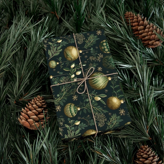 Christmas Wrapping Paper Forest Green Gift Wrap Roll Holiday Ornament Green  Gold Pattern Elegant Gift Wrap Intricate Sage Wrap Luxury 