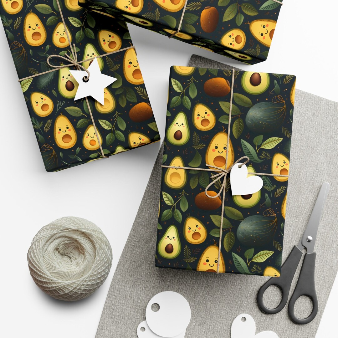 Fun Avocado Wrapping Paper Cartoon Avocados Guacamole Toast Leaves