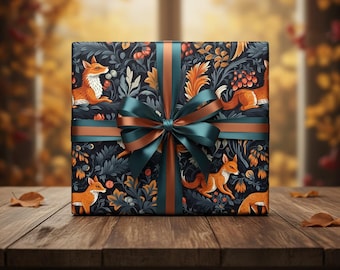Wrapping Paper Vibrant Orange and Navy Foxes and Flowers Gift Wrapping Paper Unique Gift Wrap Bright Contrast Fall Design Autumn Fox Paper